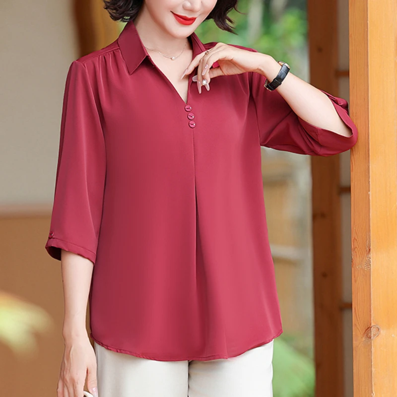 Female Clothing Plus Size Commute 3/4 Sleeve Blouse Solid Color All-match Spring Summer Lapel Stylish Korean Shirt