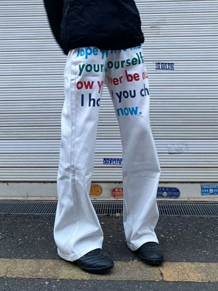 2025 American Retro Y2K Style Letter Printed White Baggy Jeans Pants For Men Clothing Straight Streetwear Cotton Long Trousers