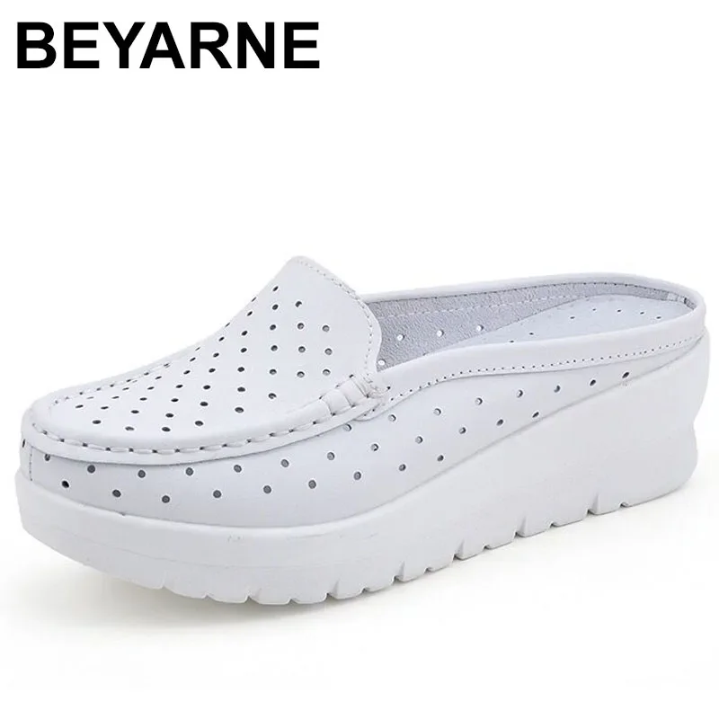 BEYARNE Summer Cow Leather Casual Woman Sandals Handmade Soft Wedges Shoes Closed Toe Non-Slip Breathable Sandals