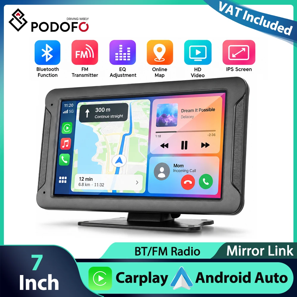 Podofo 7'' IPS Touchscreen Auto-Monitor Kabelloses CarPlay Android Auto Smart Screen Player EQ FM Bluetooth Airplay Autolink AUX Audio