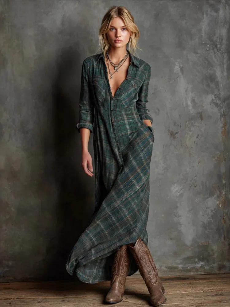 

Dresses Loose V-neck Fashion Female Plaid Shirt Collar Robe Business Casual Banquet Shopping Daily Date City Commuting Vestidos