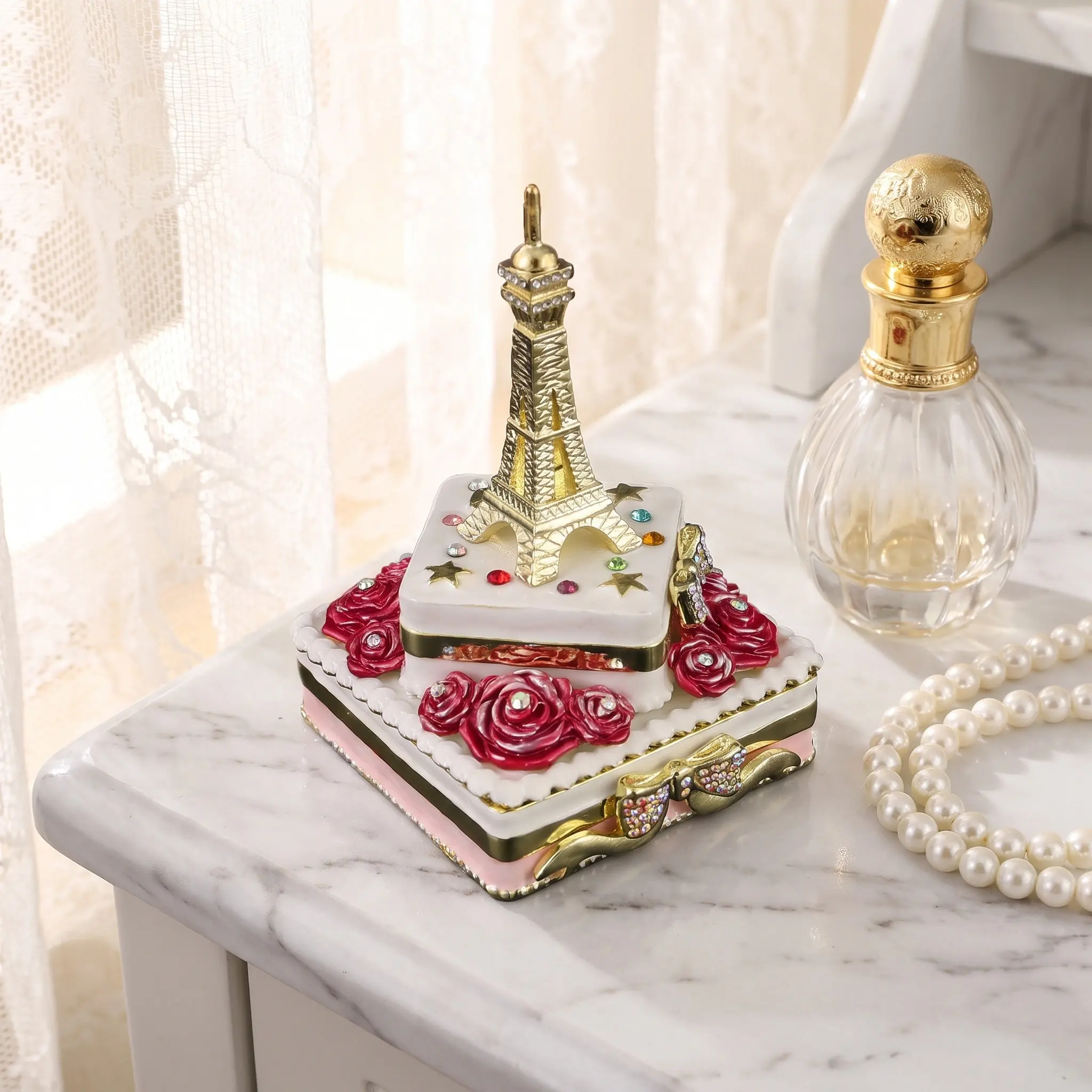 Eiffel Tower Jewelry Box Vintage Enamel Metal Decorative Storage Organizer for Necklaces Rings Earrings Keepsake Display Gift