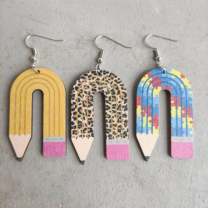 Arched Pencil Earrings Back To School Creative Rainbow Leopard Print Cute Student Teacher Wooden Drape Earrings Original Design