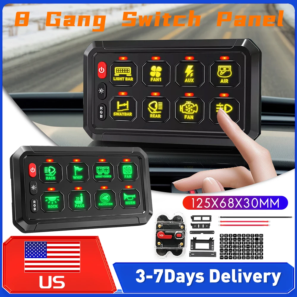 

RGB Dimmable 8 Gang 12V LED Car Switch Panel On-Off Circuit Control Relay System for Car RV Boat ATV UTV Truck Marine Supplies ﻿