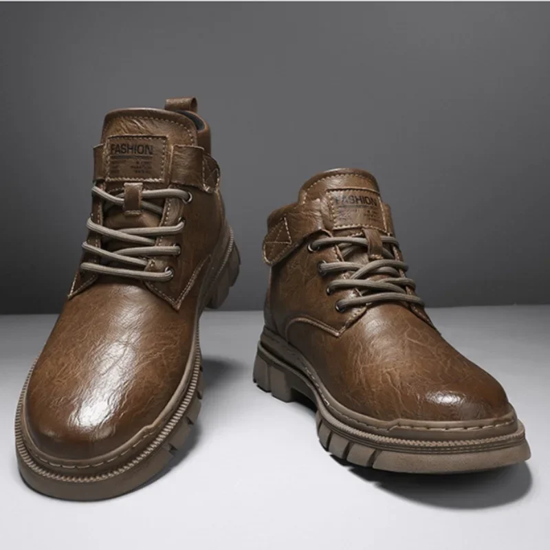 Botines Retro para hombre, Botas de cuero informales impermeables, zapatos altos de algodón para hombre, Botas cálidas de felpa para invierno, Botas de trabajo antideslizantes