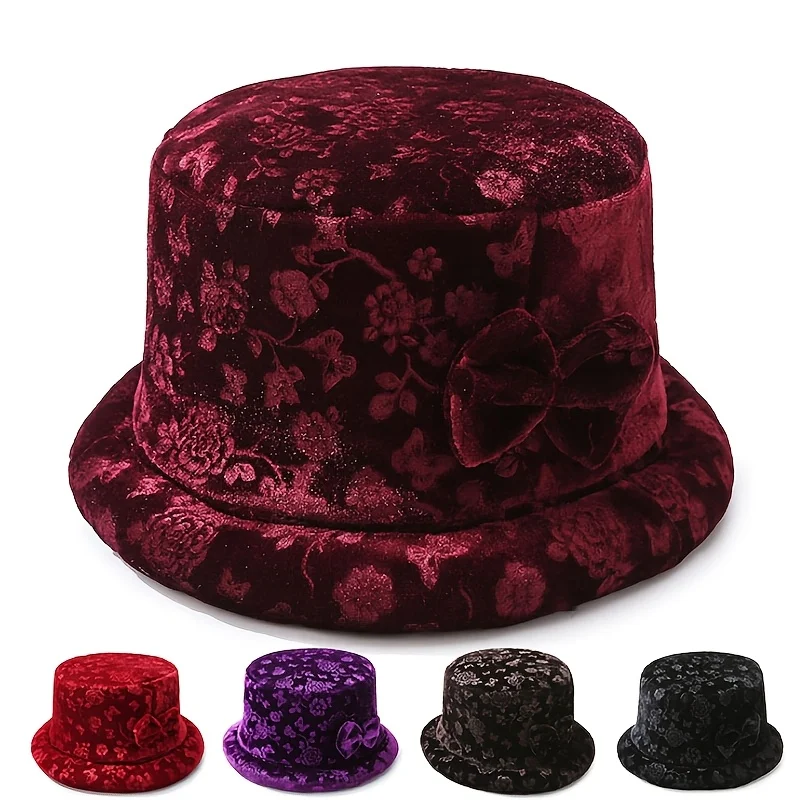 1 x eleganter Damen-Eimerhut mit Blumenmuster und Schmetterlingsschnalle, leicht und warm, ideales Muttertagsgeschenk, Wintermütze – Detail 1