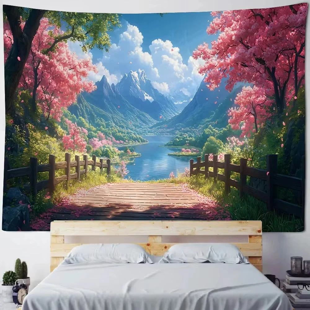 Tapiz con temática natural, decoración de pared con estampado de flores de cerezo y montaña para sala de estar y espacio de meditación, 1 ud.