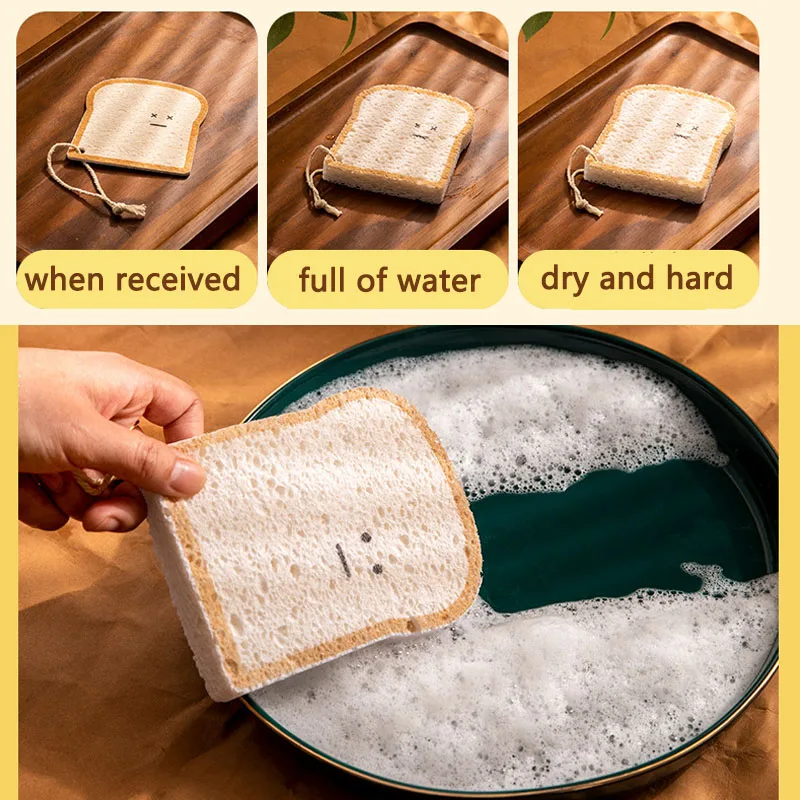 2pcs  Cute Toast Bread Shape Wood Pulp Cotton Rag Kitchen Dishwashing Dish Towel Wipe Scouring Pad Magic Eraser Sponge Wipe Dry