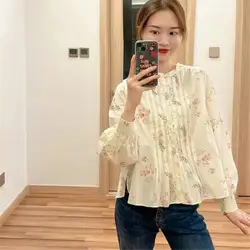 Retro Printed Shirt Women's Spring And Summer Short Loose Pleated Fashionable Bubble Sleeve Top