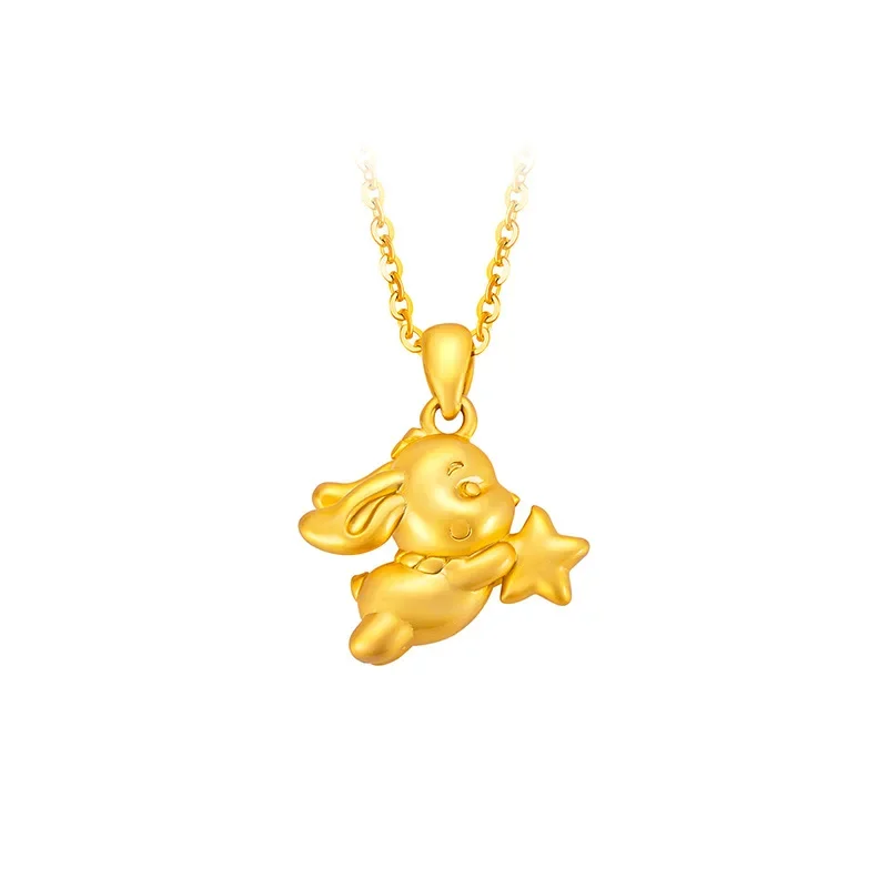 9999 oro real 24K oro amarillo lindo collar de conejo estrella Luna conejo cadena de clavícula