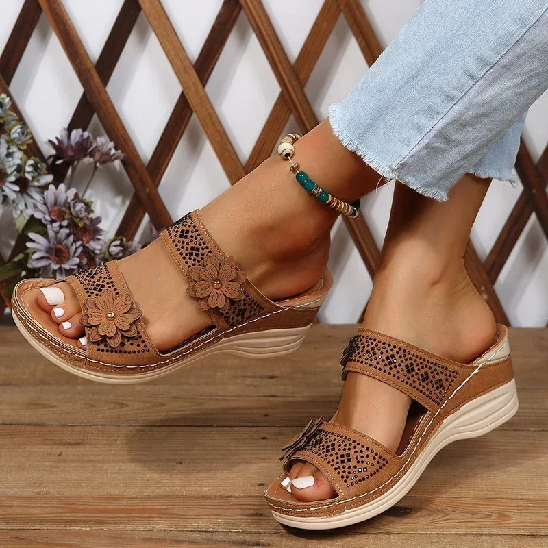 2022 Summer Casual Floral Wedge Sandals Women\'s Slippers Large Size Women Shoes Retro Roman Thick Soled Women\'s Sandals