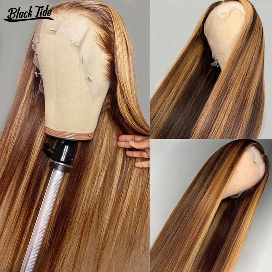 13×4 HD Lace Frontal Human Hair Wig 4/27 Highlight Color Wig Straight PrePlucked Honey Blonde Colored Wig For Women 180% Density