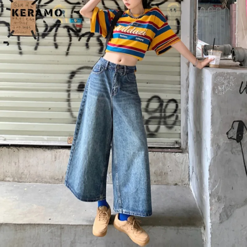 American Retro High Waist Calf-Length Pants Women Casual Baggy Pocket Y2K Pants Wide Leg Grunge Streetwear Solid Denim Trouser