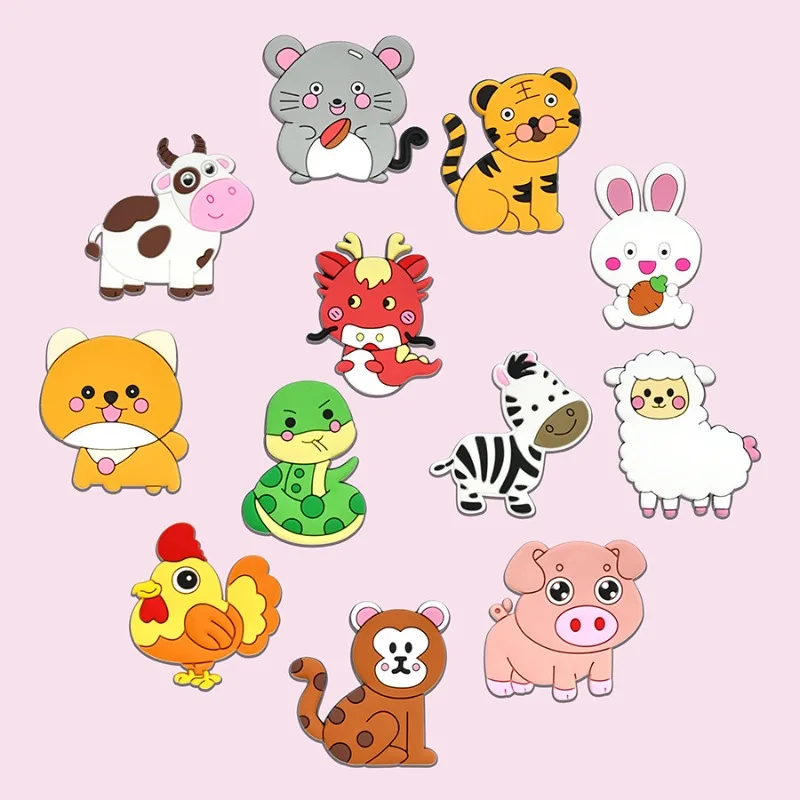 12pcs Cute Animal Fridge Magnets Set with Elephant, Giraffe,Cow, Sheep,Koala,Panda,Frog and so on - Soft Colorful Plastic Decor.