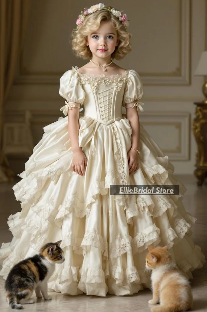 Lovely Flower Girl Dresses For Wedding Lace Appliques Tiered Baby Birthday Dress For Photoshoot Customized Kids Luxury Gowns
