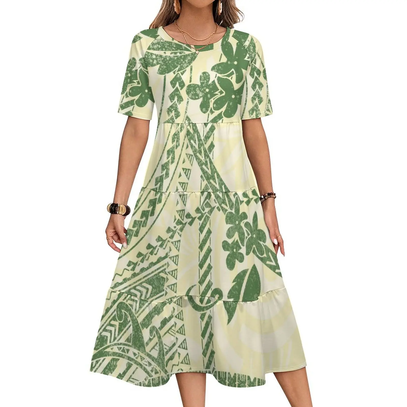 Novo design tribal de tonga polinésia ajuste vestido samoano multi em camadas vestido feminino manga curta maxi vestido casual roupas tamanhos grandes