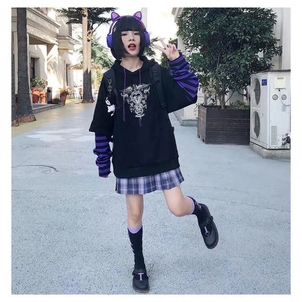 Streetwear Gothic Casual Creatief Patroon Gedrukt Vrouwen Mode Kleding Losse Zoete Cool Y2K Harajuku Retro Fake Twee Hoodie Top
