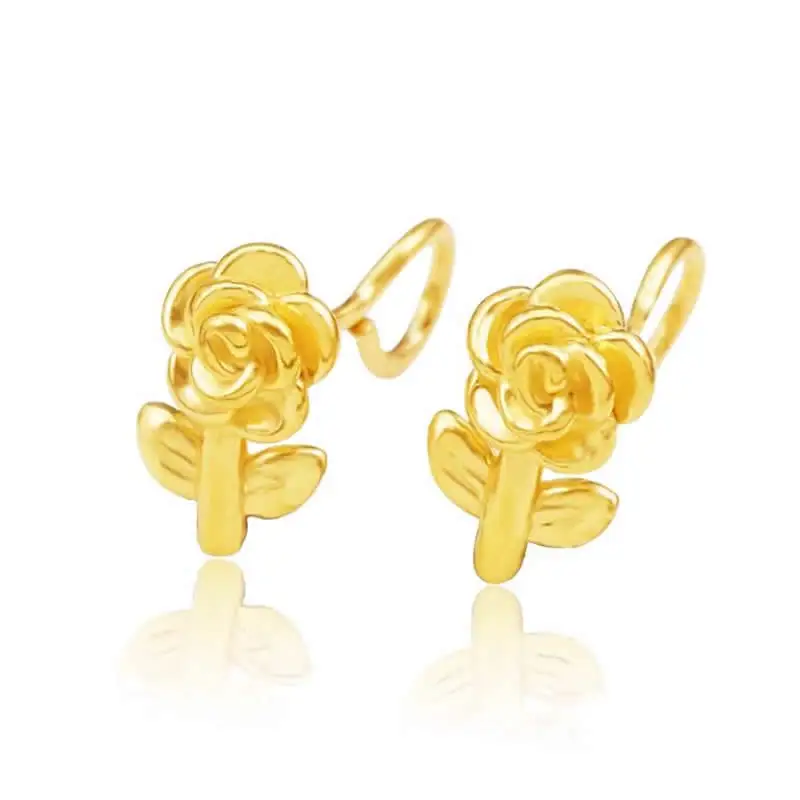 

Solid 24K Yellow Gold Earrings Women Rose Flower Stud Earrings