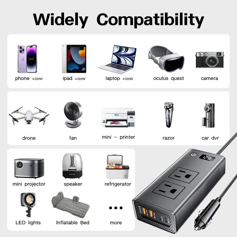 200W Portable Car Inverter Adapter Converts with 4 USB Port 2 Sockets Cigarette Lighter Plug Digital Display for Business Travel 6