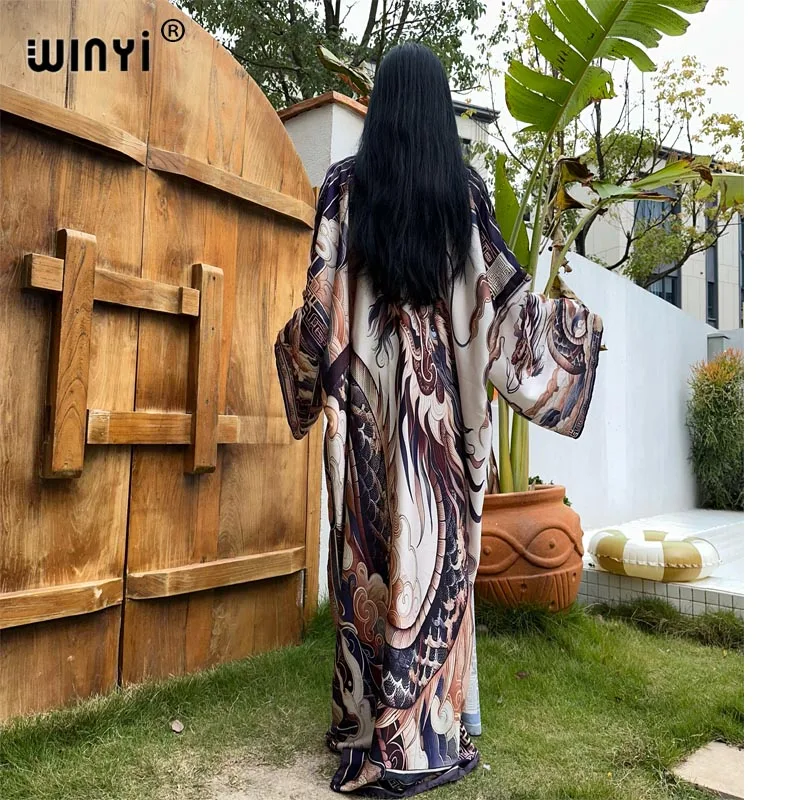 2024 WINYI Europe kimono donna Cardigan holiday kaftan sexy Boho dress Beach Cover up caftano African Holiday manica lunga Robe