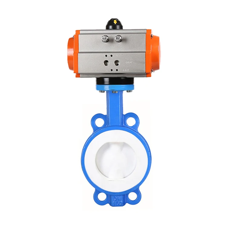 Low price DN80 PN16 3 inch  PTFE Lined Seat Wafer Type Air Control Ductile Iron Double Acting Pneumatic Actuator Butterfly Valve