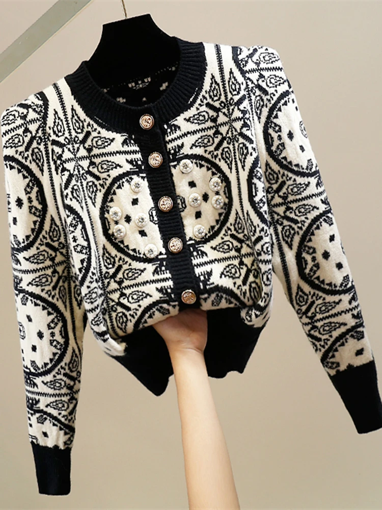 

Heavy Du Rhinestone Embellied Long Sve Sweater Women's Spring Autumn Design Vintage Top Trendy Knitted Warmth