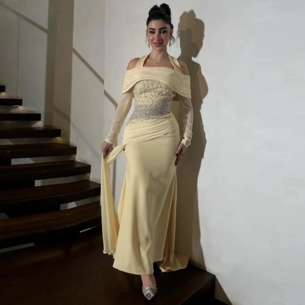 

Yellow Off the Shoulder Chiffon Evening Dress Customized Mermaid Sparkly Beaded Party Dresses Long Sleeves Special Occasion Gown