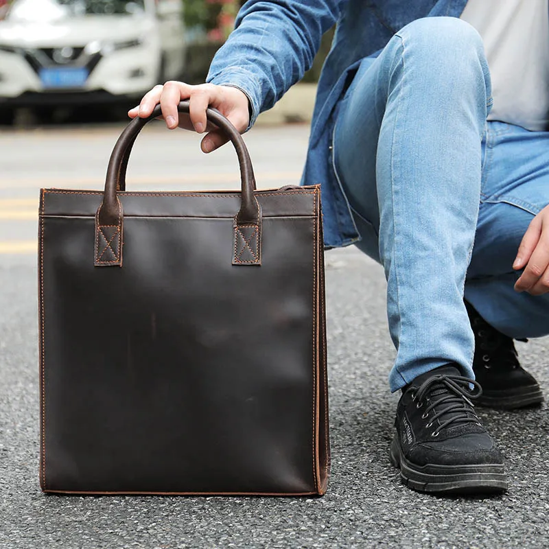 Luufan Vintage Lederen Mannen Schoudertas Business Handtas Brown Echte Koe Lederen Werk Draagtas Schouderriem Ipad Pocket