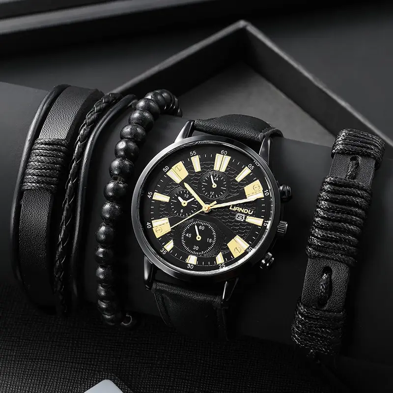 4pcs Black Round Quartz Watch With PU Leather Bracelet Men Nylon Business Watch Fashion Casual For Daily Sports