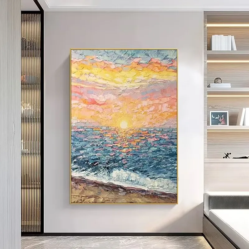 Beautiful Wall Art Abstract Picture Thick Oil Handmade Knife Drawn Sea Wave Rise Sun Oil Painting Poster For Living Room Bedroom