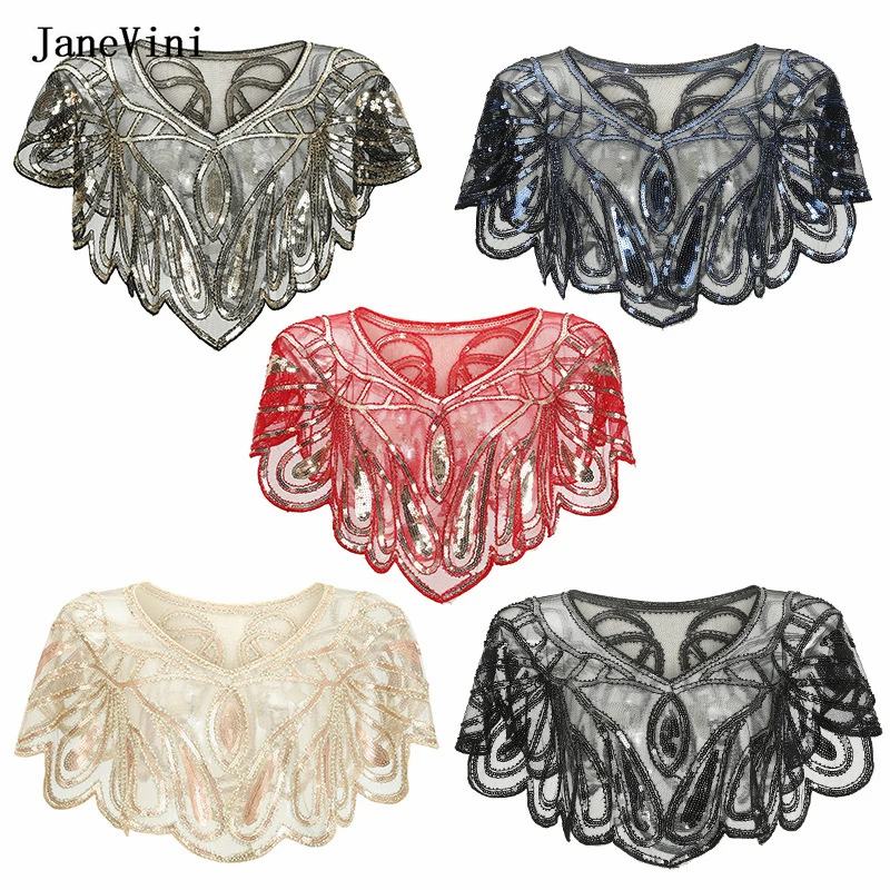 

JaneVini 2025 Elegant Black Wedding Shawls Wraps Sequins Short Cape Beaded Bridal Bolero Mesh Short Cover Up Dress Accessories