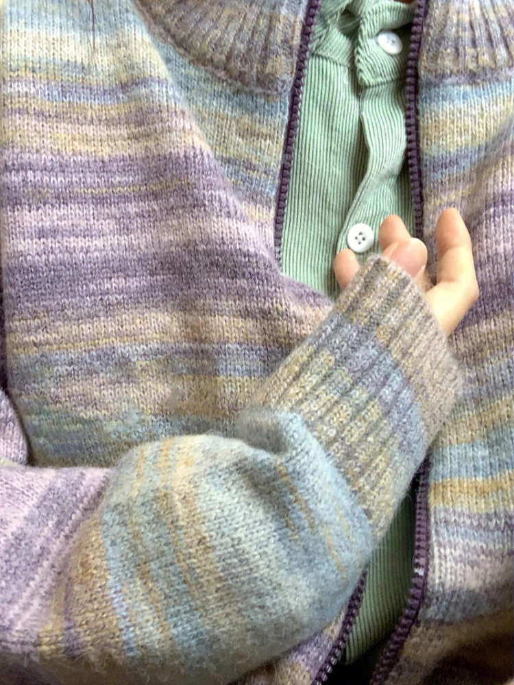 Y2k Aesthetic Vintage Knitted Cardigan Striped Contrast Color Japanese 2024 Autumn Loose Grunge Fashion Harajuku Womens