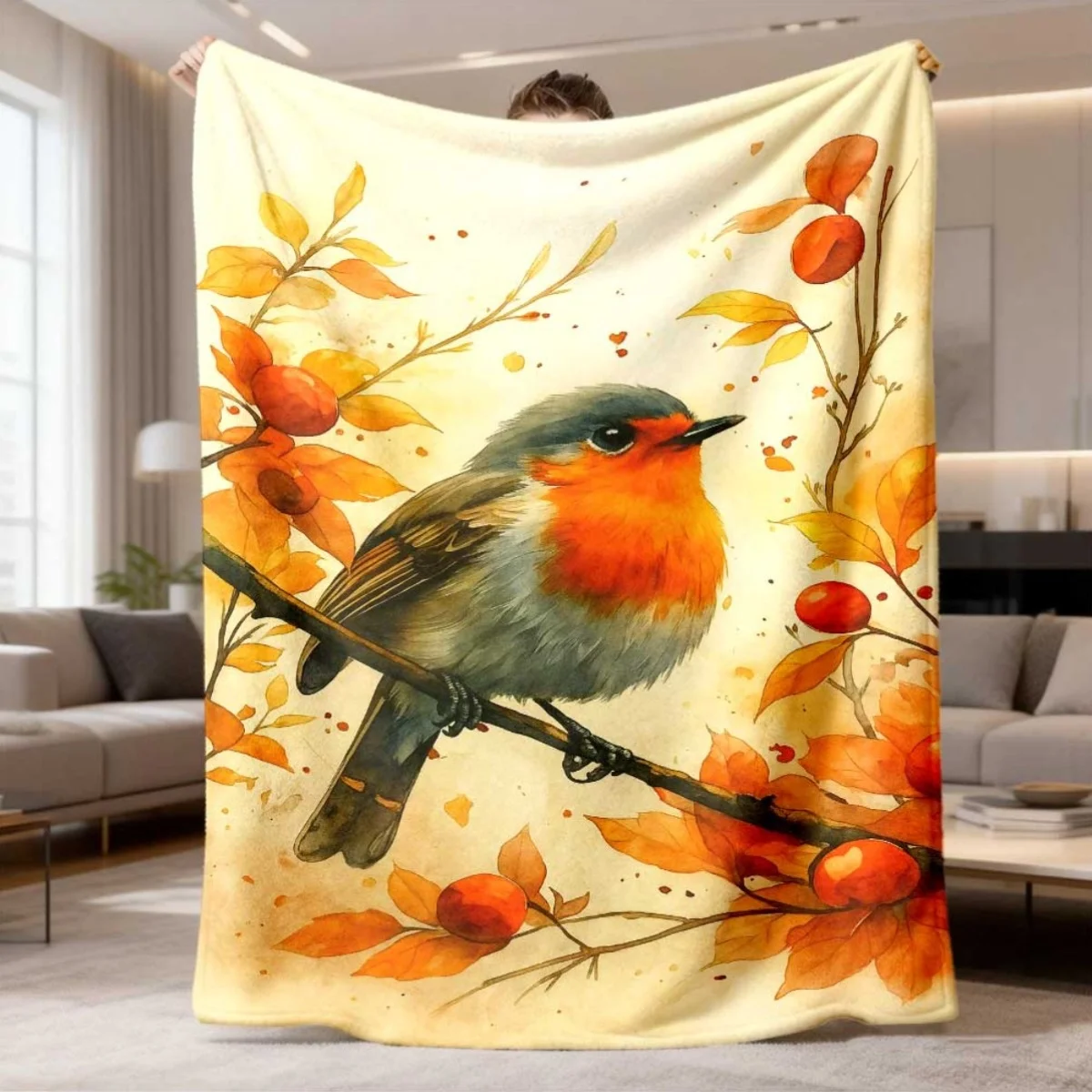 Watercolor Robin Bird Autumn Leaf Flannel Blanket Soft Cozy Throw Blanket Vintage Fall Berry Print Bed Sofa Cover Bird Lover