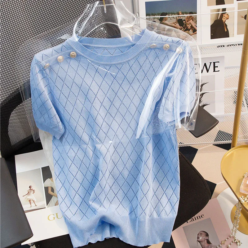 

Shintimes, черная футболка с короткими рукавами, женская летняя новинка 2025, тонкие футболки, вязаные топы с вырезами, футболка в корейском стиле Femme