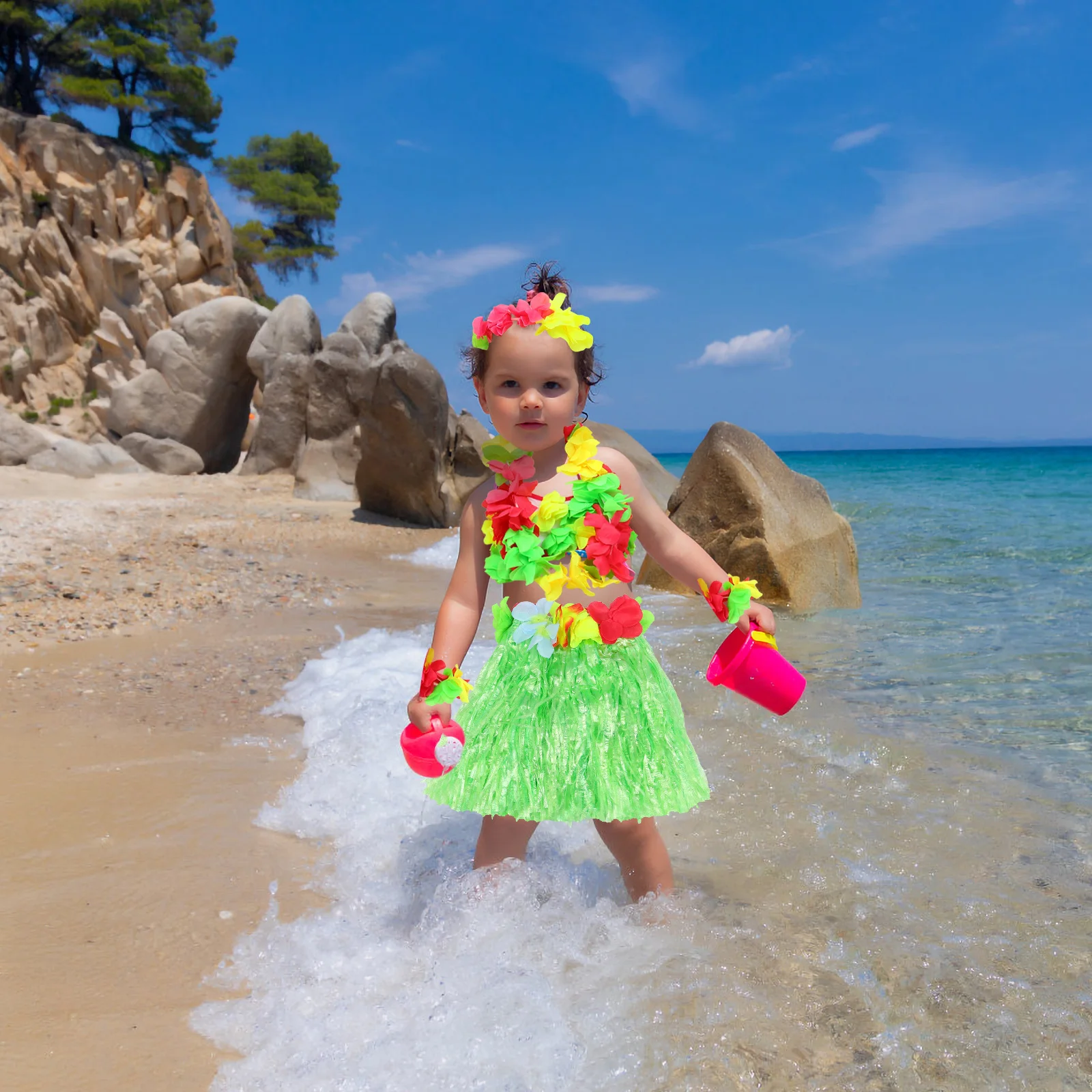 مجموعة أزياء هاواي مكونة من 6 قطع للأطفال، إكسسوارات حفلات هاواي المرنة، ملابس لوا، فستان احتفالي، دعائم تنكرية