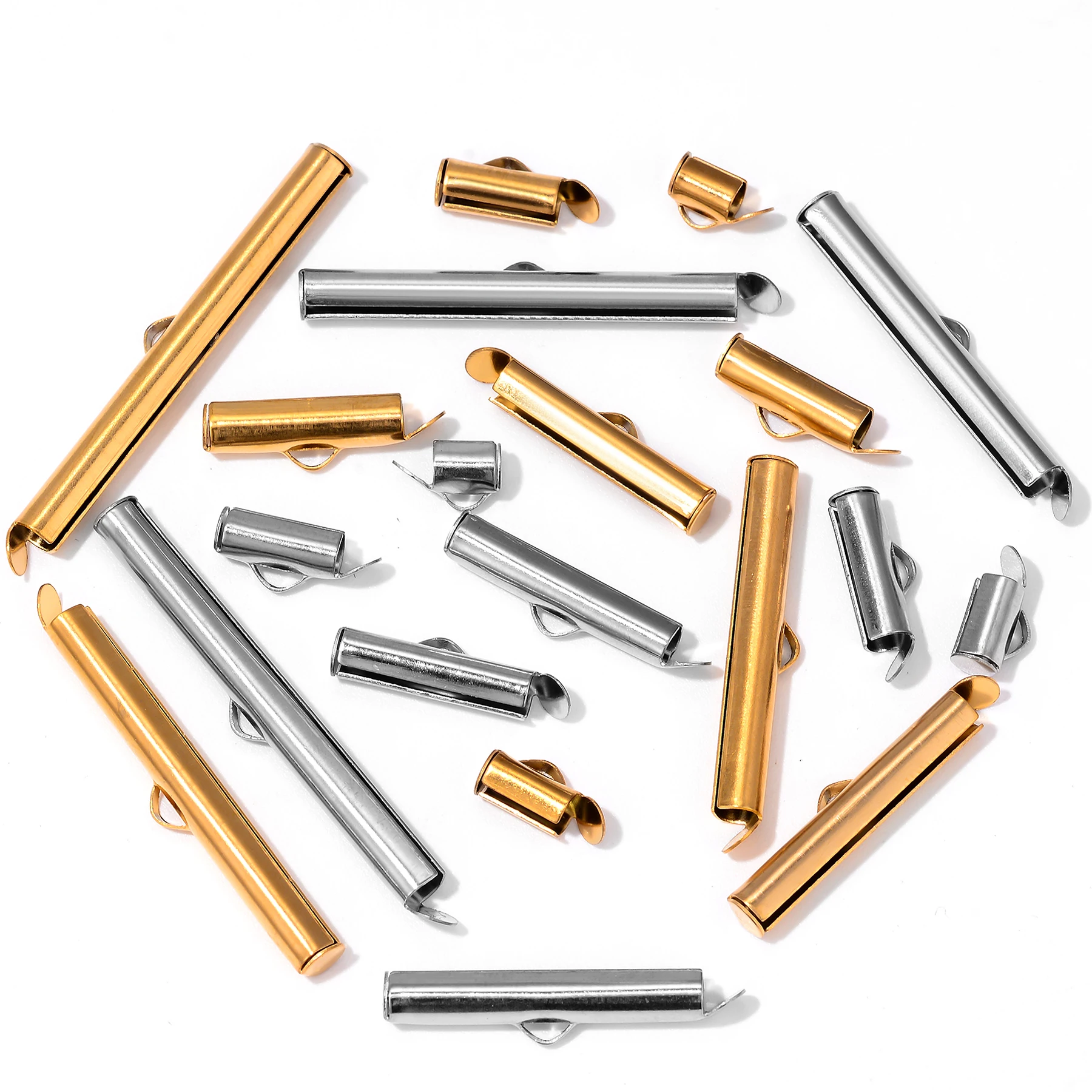 

8pcs Stainless Steel Gold Plated Crimp End Beads Slide Chain Clasp Tube Slider Connector for DIY Bracelet Crafts Jewelry Making