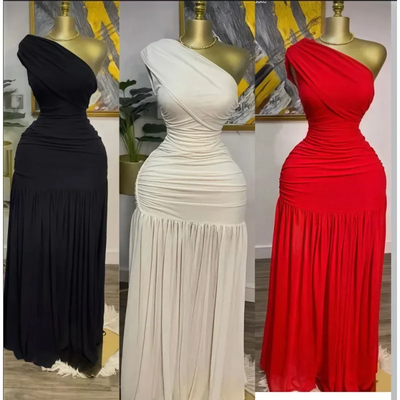 

Women One Shoulder Skew Neck High Split Pleated Hem Bodycon Long Maxi Dress 2025 Evening Sexy Club Party Dresses Vestido