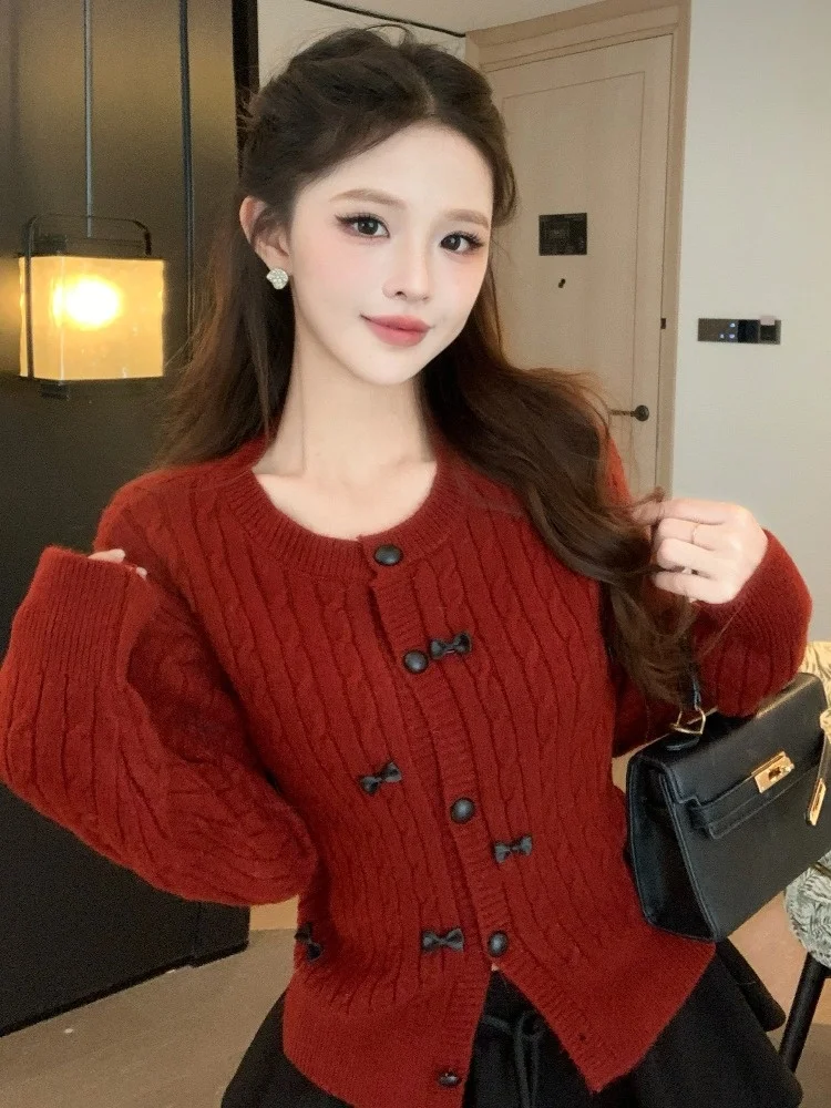 

Christmas Red Knitted Open Cardigan Women's Autumn Winter Knot Base Shirt Inner Wear Twist Sweater Coat L...