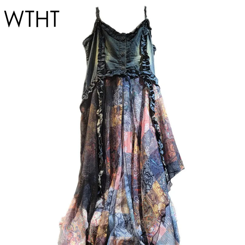 

WTHT Trendy Vintage Women Denim Spliced Mesh Design Sling Dress 2025 Summer Fashion Irregular Sleeveless Dresses Female 1LS2057