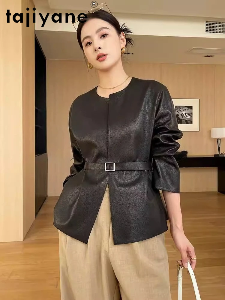 TAJIYANE vestes en peau de chèvre véritable Simple col rond manteau ceinturé court veste en cuir véritable femme 2025 vêtements d'automne dубл onderка ж onderdelen mei