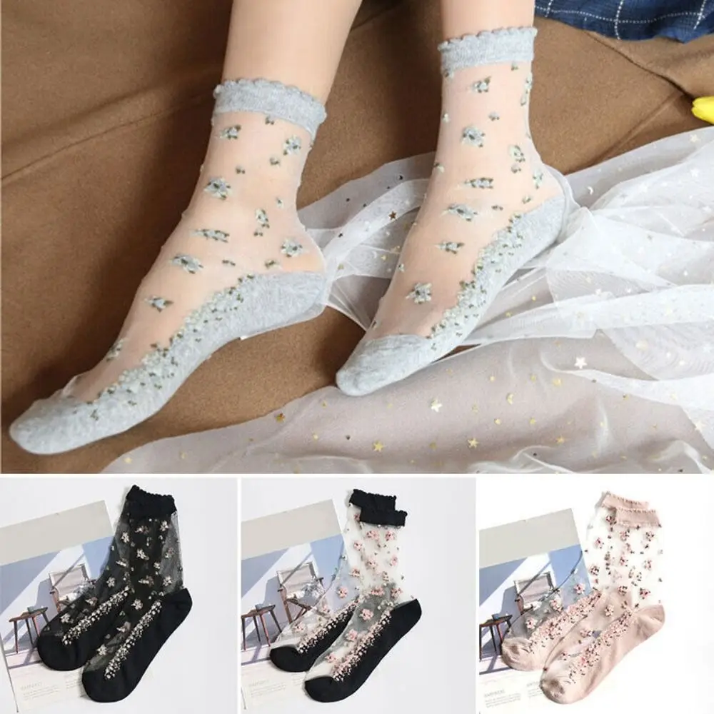 New Elastic Lace Summer Socks Transparent Sheer Non-slip Flower Ankle Hosiery Breathable Mesh Ankle Sock