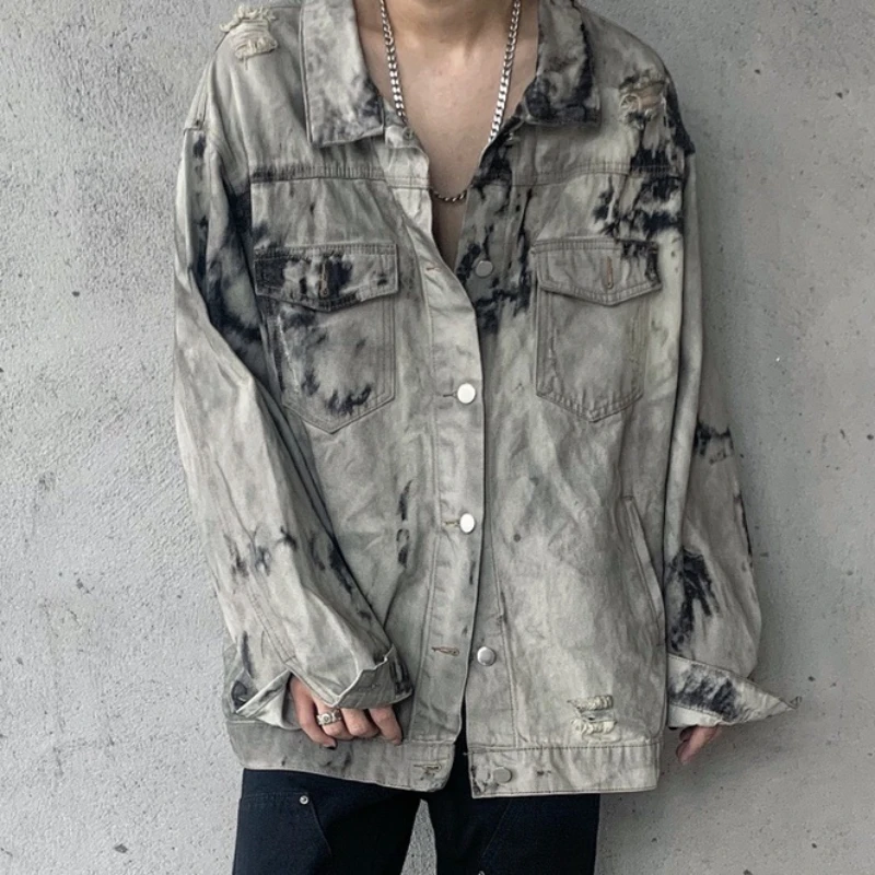 Denim Jackets Men Casual Baggy Fashion High Street Tie Dye Spring Autumn Teenagers Hole Pocket American Style Vintage Handsome