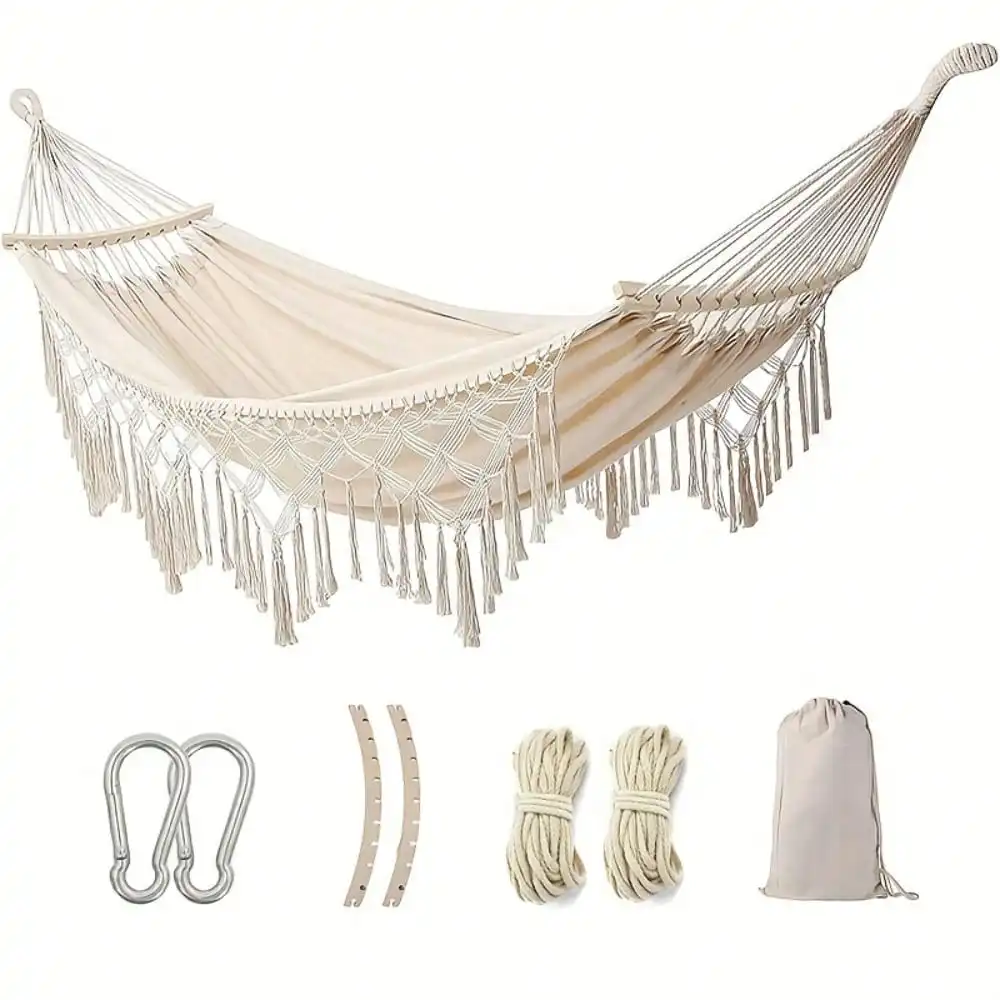 

Портативный гамак-качели, изготовленный из веревки ручной работы. Утолщенный и расширенный гамак из двойного полотна с противоскользящим покрытием, белый, в богемном стиле.