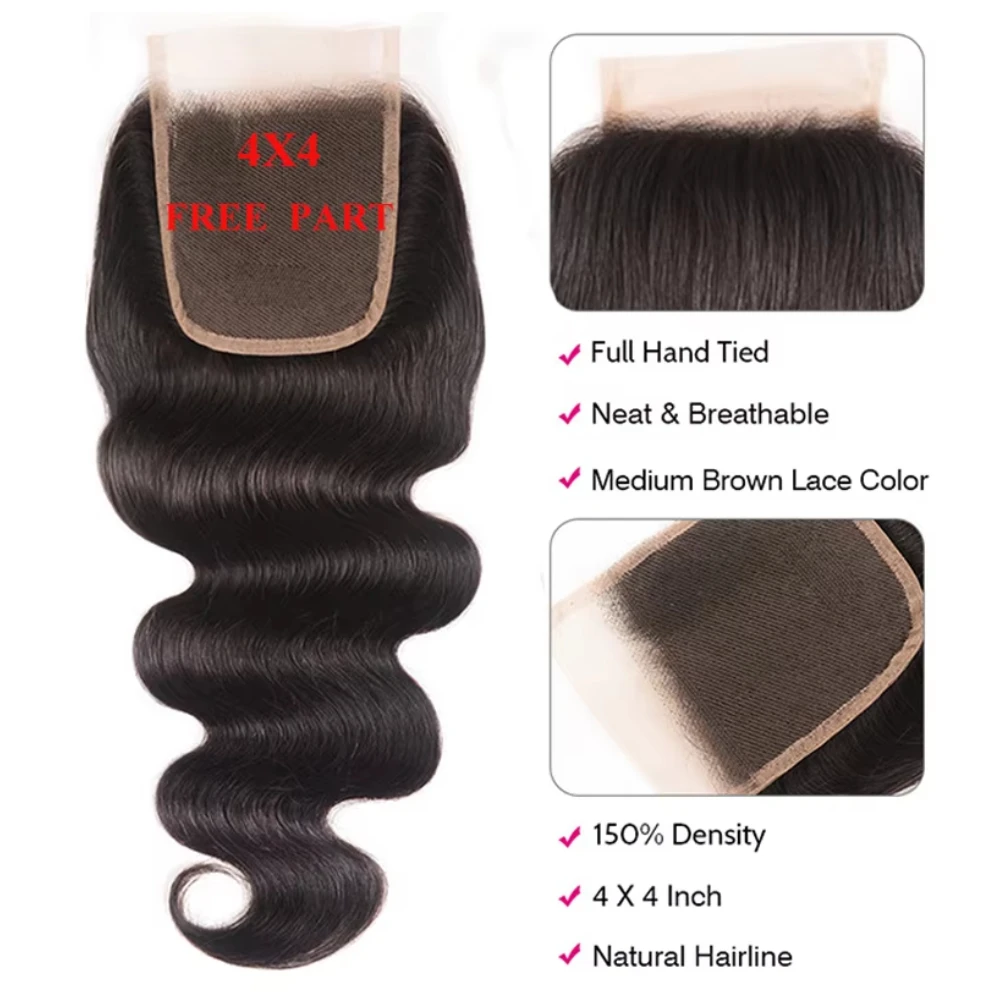 UNice Body Wave Human Hair Bundles With Closure Natural Color 100% Human Hair Bundles 2/3/4PCS With 4x4 / 5x5 HD Lace Closure