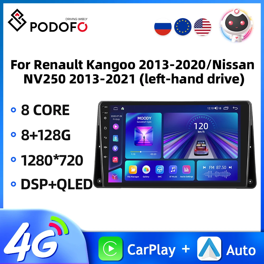 Podofo 8+128G 9'' Car Radio For Renault Kangoo 2013-2020/Nissan NV250 2013-2021 Carplay Android Auto GPS DSP AI Voice Car Stereo