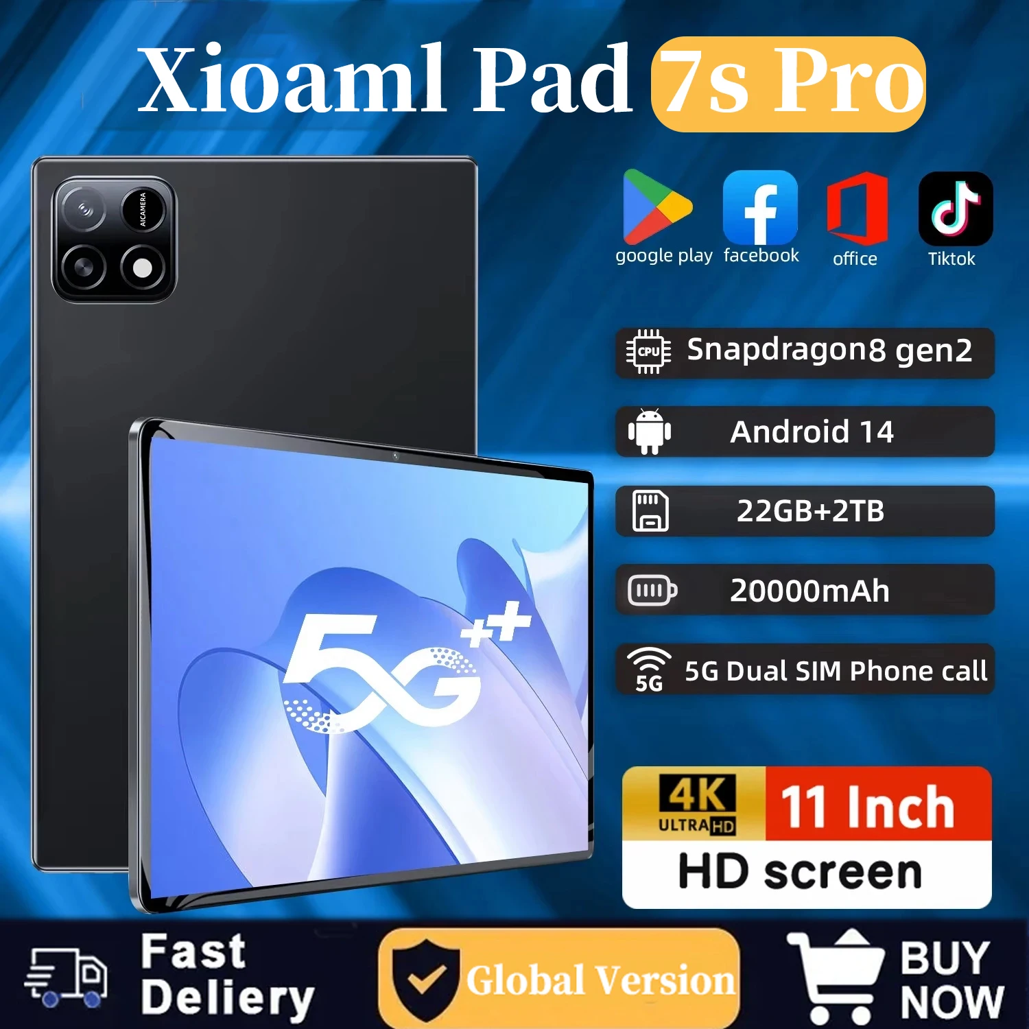 Pad 7S Pro Global Version Tablet PC Android 14 Snapdragon 8 Gen2 16GB+1024GB 20000mah GPS 5G WiFi Dual SIM HD Full Screen 2025