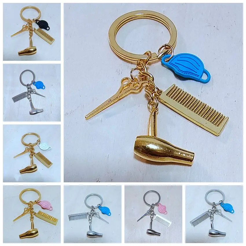 Hair Stylist Must Hair Dryer Scissors Comb Mask Decoration Key Chain Hairdresser Gift Key Ring Hair Dryer Key Ring