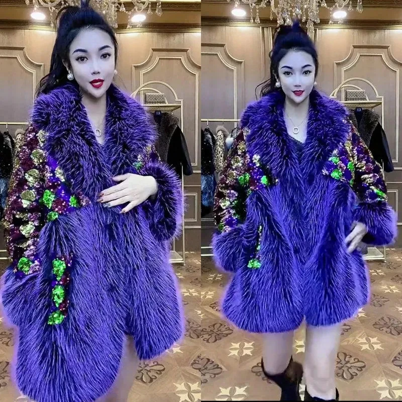 Faux Fur Coat for Women,Sequins Jacket,Covered Button Loose Long Overcoat, Thick Warm Female Clothing,New,High Quality,Winter