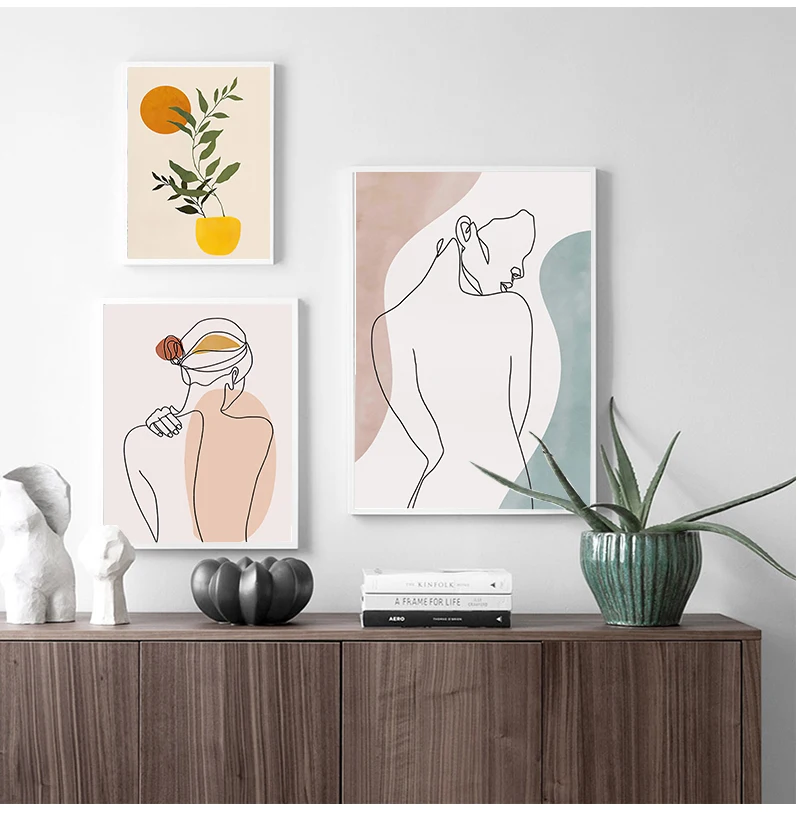 Cuadro sobre lienzo para pared minimalista, pintura abstracta de una sola línea, arte facial, hojas, cuerpo de chica, póster t