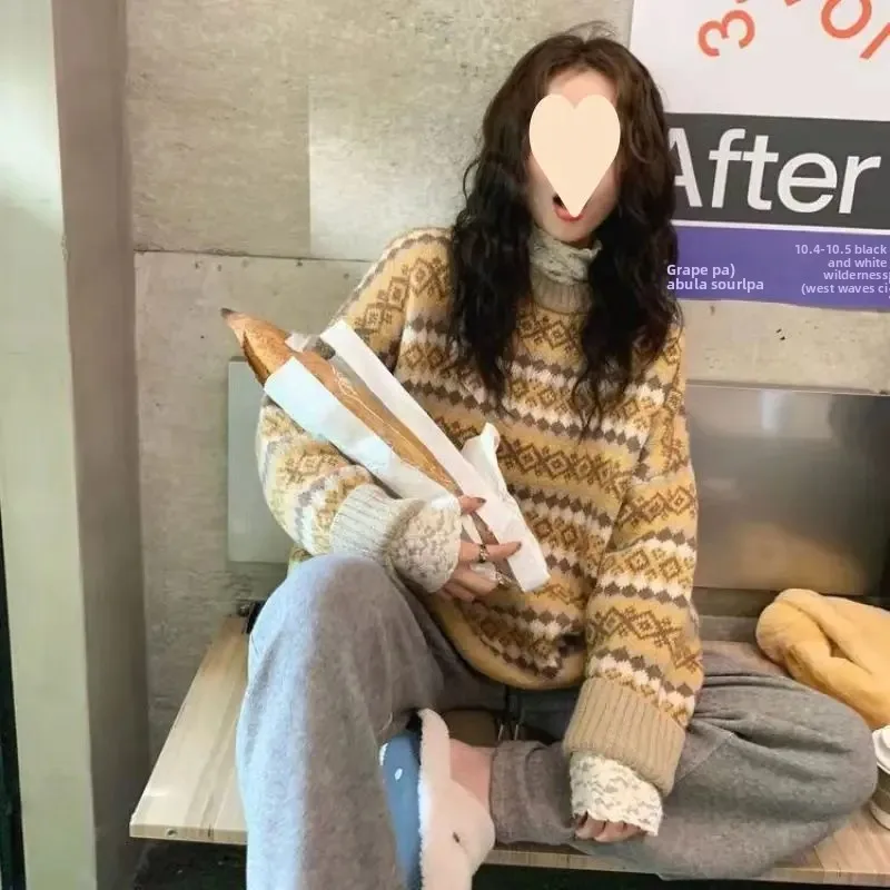 

New Autumn Winter Loose Diamond Pattern Women's Knitwear Casual Vintage Style Arrival Sweater Design Sensation Lazy Style